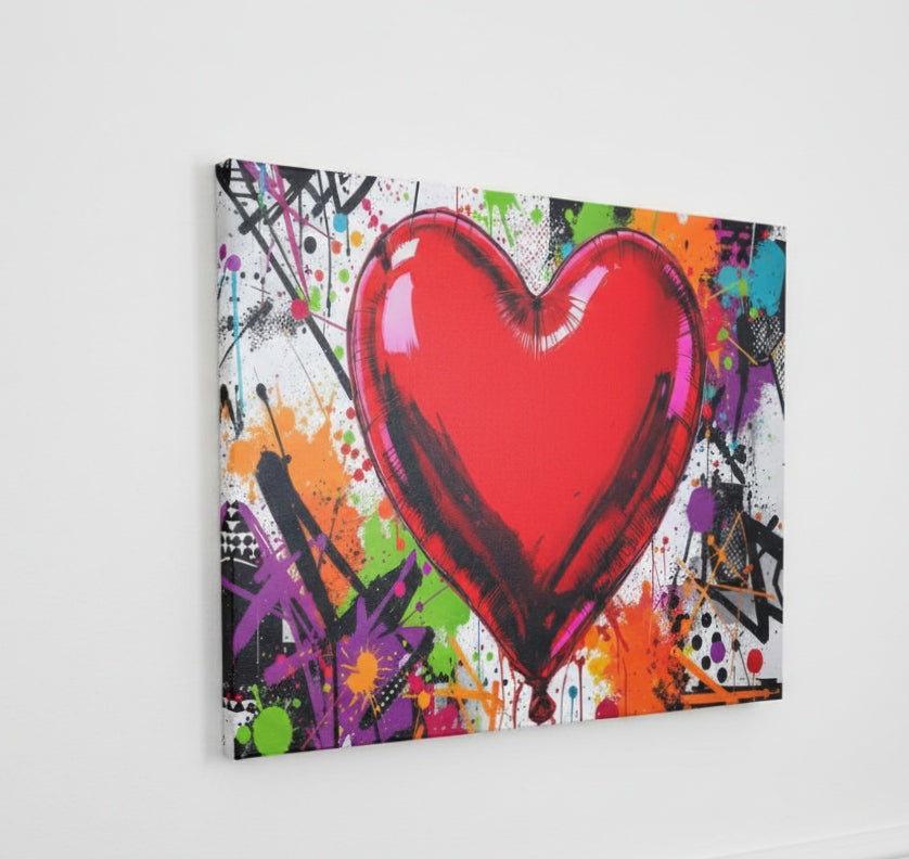 Tableau pop art cœur rouge sur toile vue de profil
