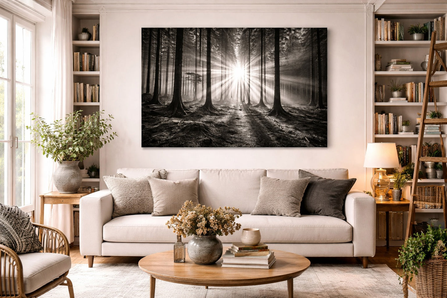 Photo artistique Lumière Forestière accrochée dans un salon zen, décoration murale en noir et blanc, ambiance apaisante et naturelle.
