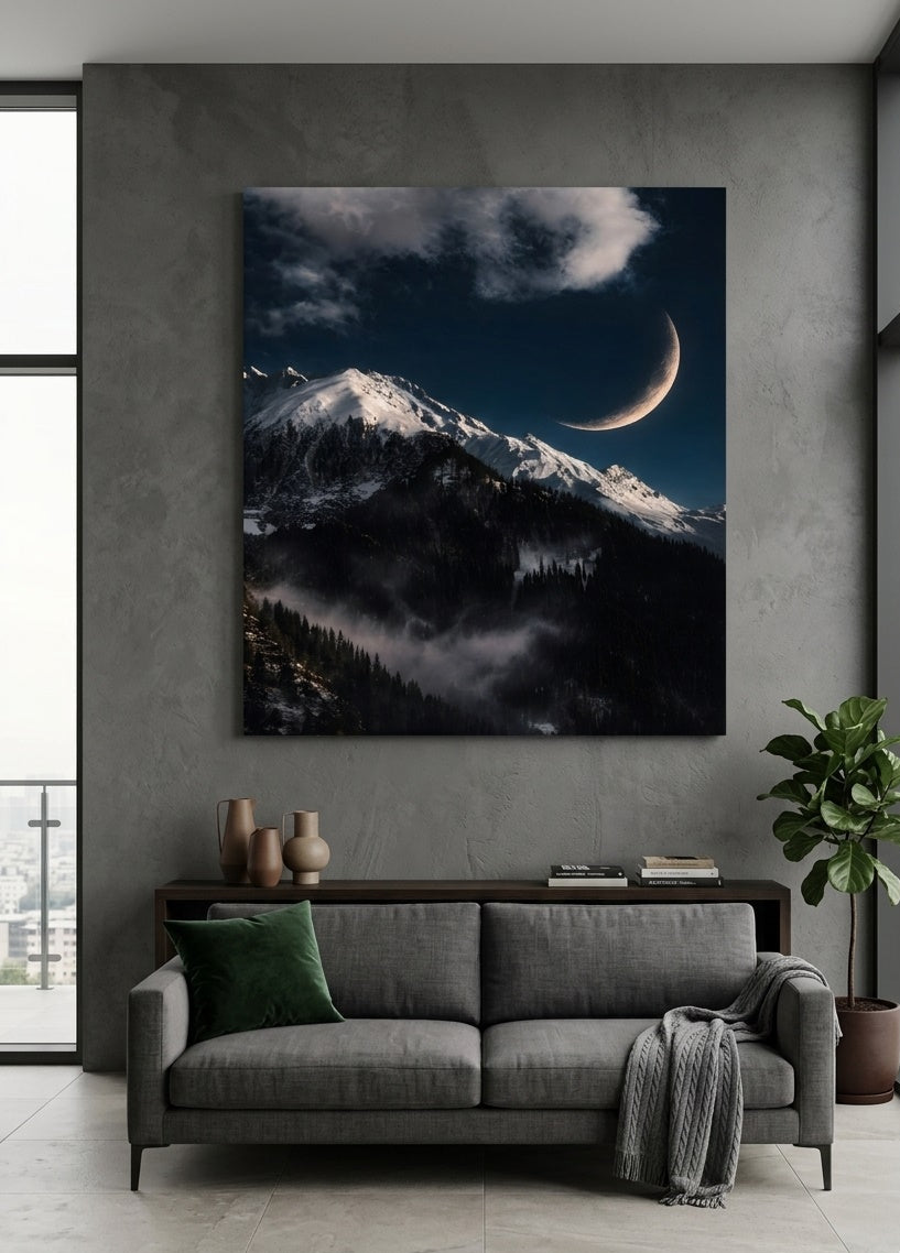 Tableau montagne enneigée accroché dans un salon moderne, déco murale nature sombre et élégante.
