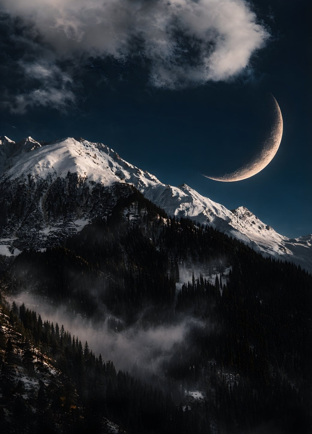 Tableau montagne nocturne avec lune fine, sommets enneigés et forêt sombre dans une ambiance contemporaine.
