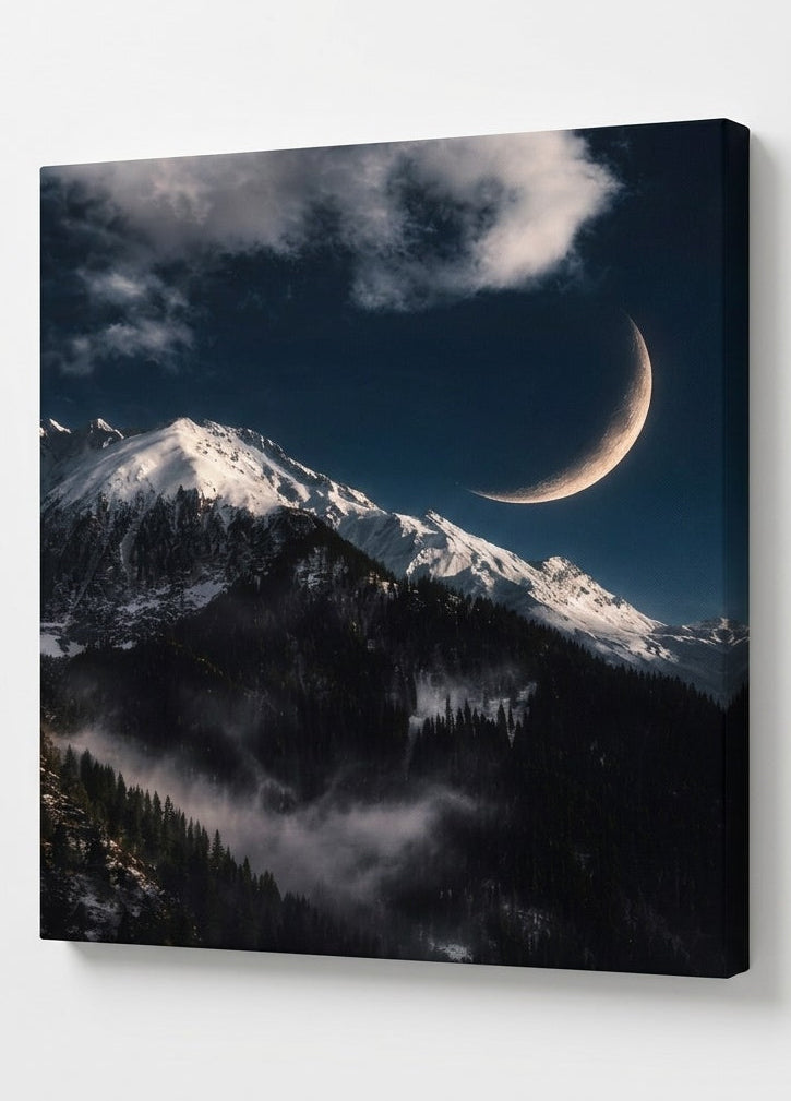 Vue de profil sur toile d’un tableau montagne nocturne, relief des sommets et impression haute définition.
