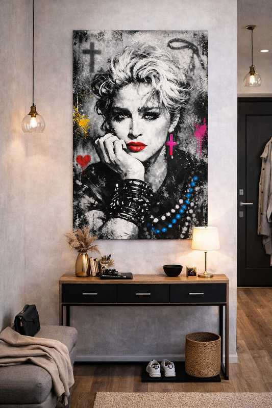 Tableau pop art Madonna en situation dans un intérieur contemporain
