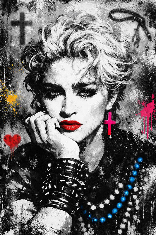 Toile pop art de Madonna en noir et blanc et touches de couleurs très modernes