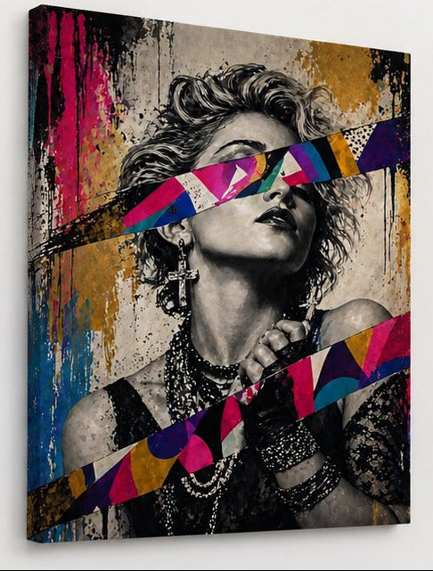 Vue de profil mettant en valeur la qualité d'impression et les couleurs éclatantes du portrait de Madonna
