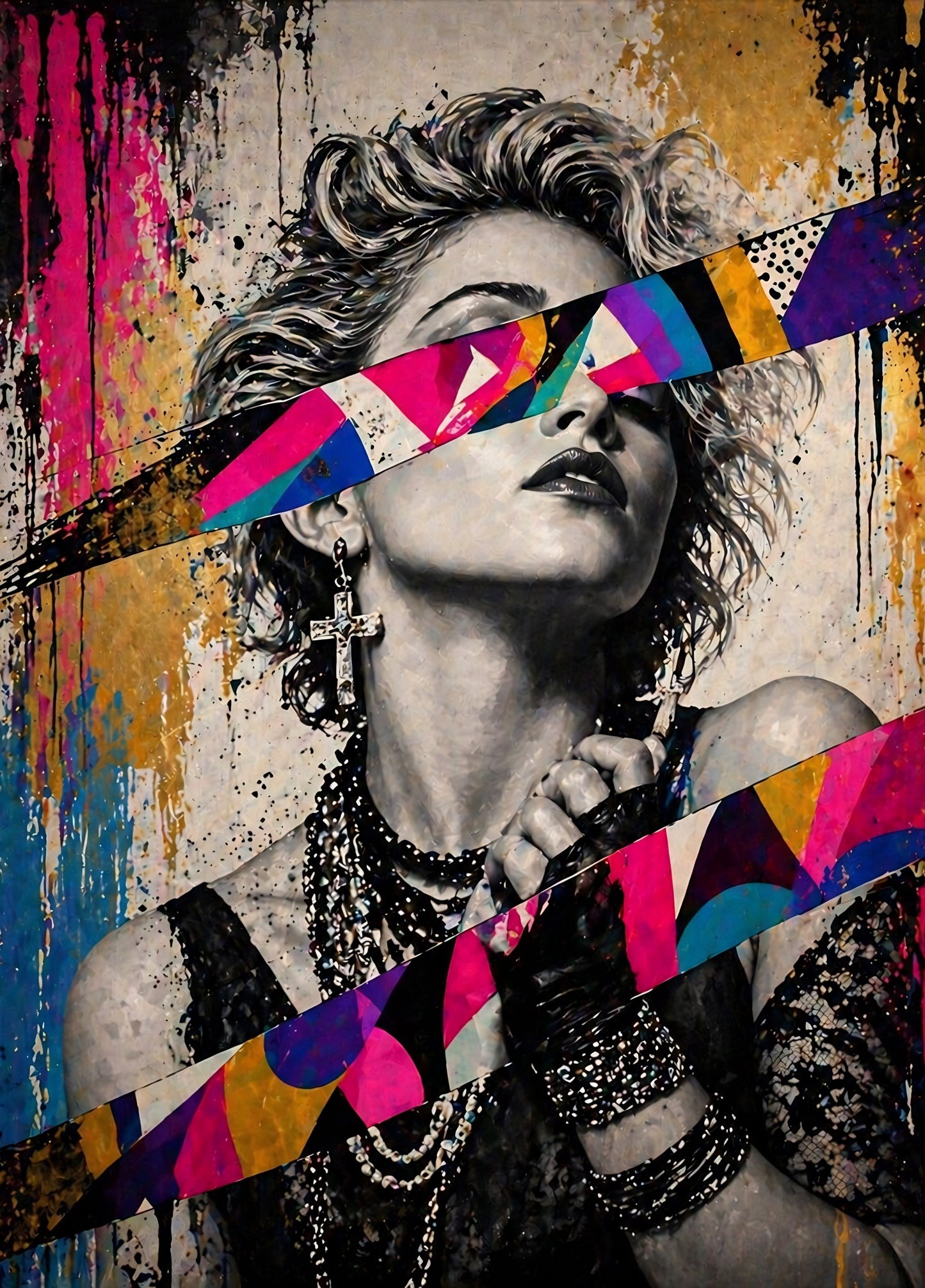 Tableau pop art représentant Madonna avec formes géométriques colorées, création exclusive Iconik-Art

