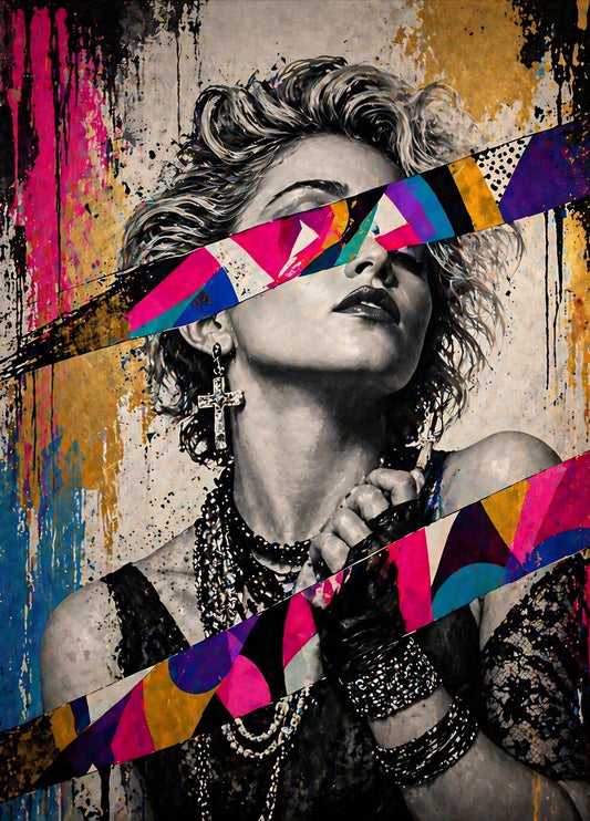 Tableau pop art représentant Madonna avec formes géométriques colorées, création exclusive Iconik-Art
