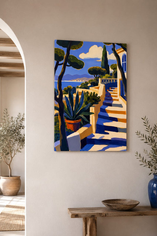 Œuvre décorative évoquant les vacances, la lumière et l'art de vivre méditerranéen
