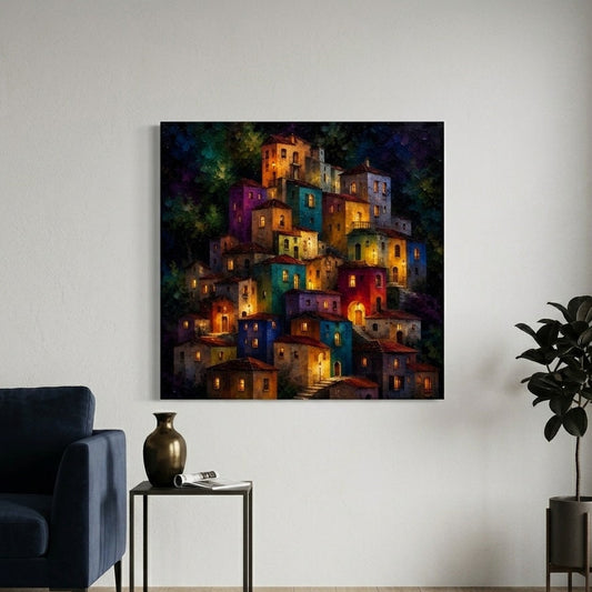 Œuvre décorative mêlant couleurs vibrantes, architecture et ambiance poétique
