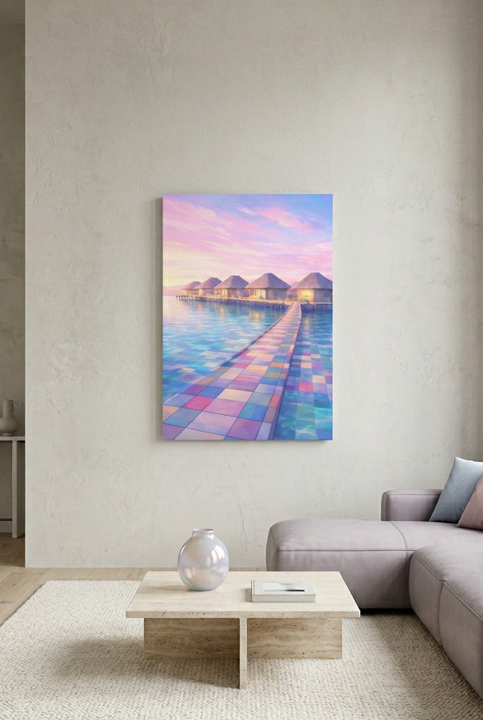 Illustration Maldives accrochée dans intérieur lumineux décoration murale tropicale voyage
