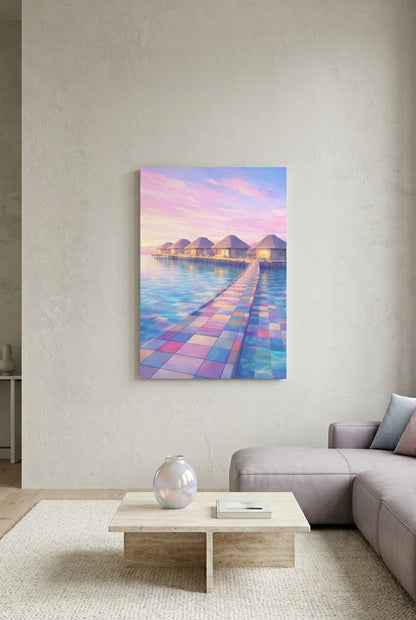 Illustration Maldives accrochée dans intérieur lumineux décoration murale tropicale voyage
