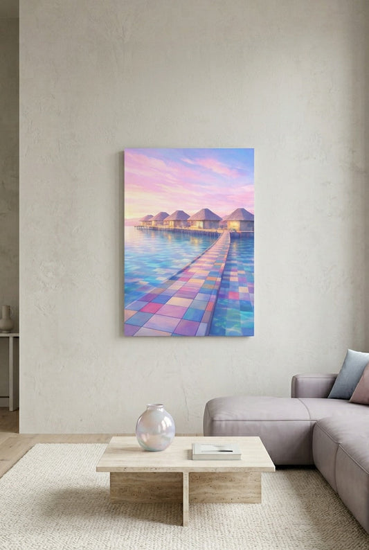 Illustration Maldives accrochée dans intérieur lumineux décoration murale tropicale voyage
