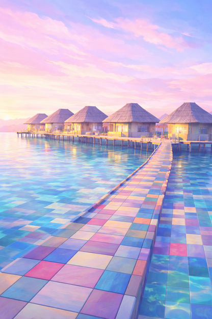 Illustration lagon Maldives turquoise avec bungalows sur pilotis ciel pastel ambiance tropicale paradisiaque
