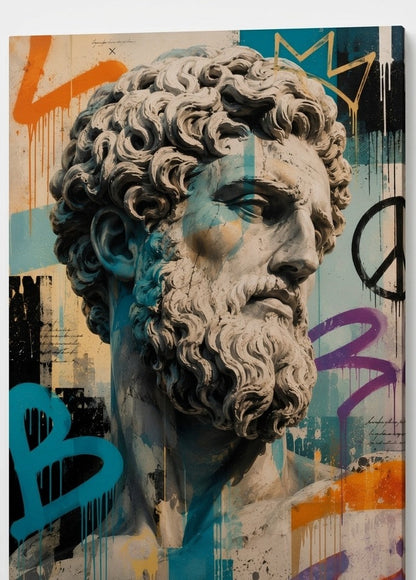 Vue de profil révélant la qualité d'impression et les détails du buste antique sur aluminium dibond
