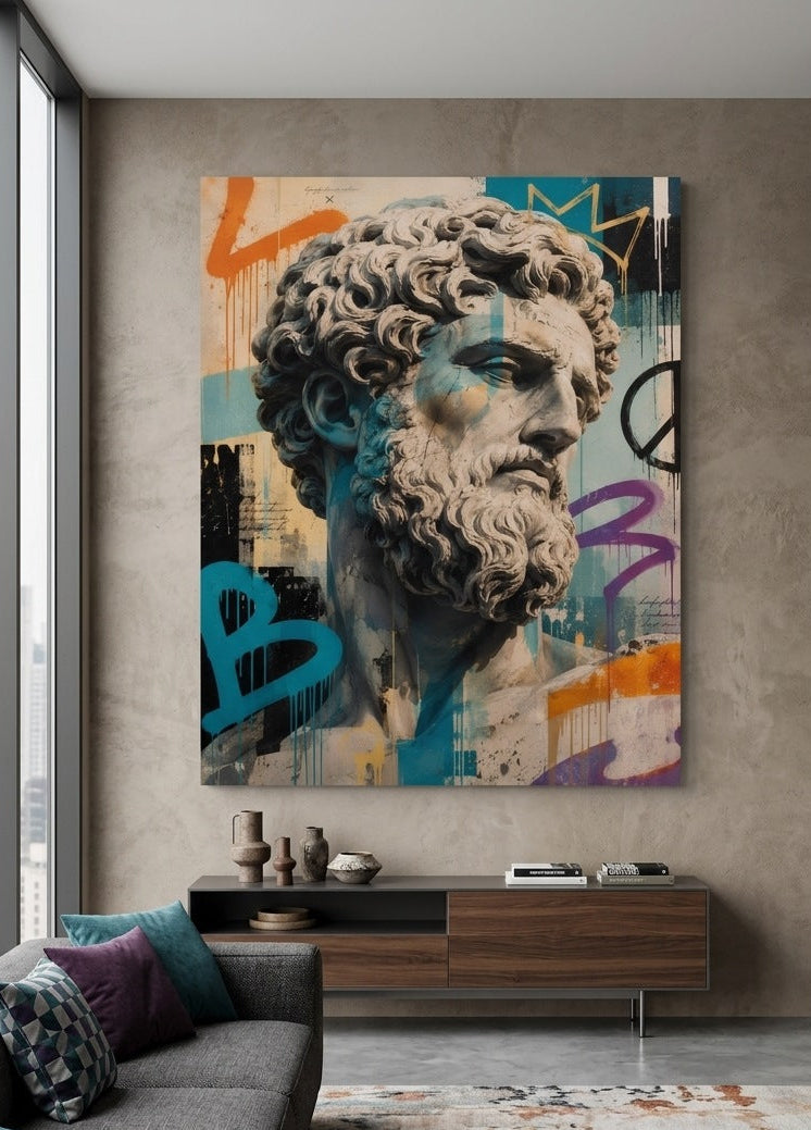 Tableau pop art Marc Aurèle installé dans un salon contemporain, création exclusive fabriquée en France par Iconik-Art
