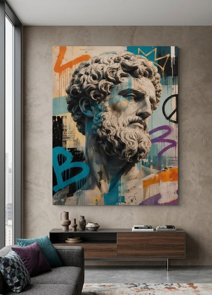 Tableau pop art Marc Aurèle installé dans un salon contemporain, création exclusive fabriquée en France par Iconik-Art
