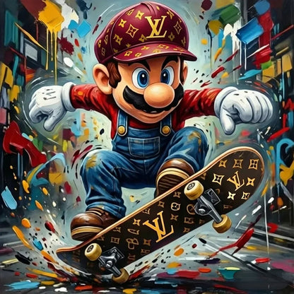 Cette image présente le tableau "Mario Skate Luxe" dans toute sa splendeur. On y voit Mario, le célèbre personnage de jeu vidéo, en train de rider sur un skateboard personnalisé aux motifs Louis Vuitton. Les couleurs vives et les détails minutieux des éclaboussures de peinture en arrière-plan ajoutent une touche dynamique et urbaine à l'œuvre. Les contrastes entre le rouge de la casquette de Mario, le bleu de sa salopette, et les motifs dorés du skateboard créent un effet visuel saisissant. Cette image met 