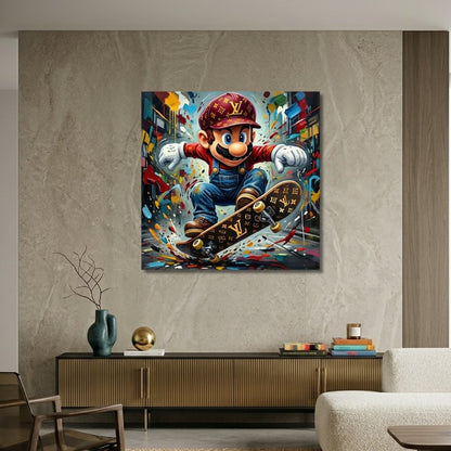 Cette image montre le tableau "Mario Skate Luxe" accroché dans un salon moderne et élégant. Le tableau, avec ses couleurs vives et son design audacieux, devient le point focal de la pièce. Il est encadré par des meubles contemporains et des accessoires design, créant un contraste intéressant entre l'art pop et l'esthétique épurée du salon. Les éclairages doux de la pièce mettent en valeur les détails du tableau, montrant comment il peut s'intégrer harmonieusement dans un intérieur moderne tout en apportant 