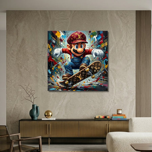 Cette image montre le tableau "Mario Skate Luxe" accroché dans un salon moderne et élégant. Le tableau, avec ses couleurs vives et son design audacieux, devient le point focal de la pièce. Il est encadré par des meubles contemporains et des accessoires design, créant un contraste intéressant entre l'art pop et l'esthétique épurée du salon. Les éclairages doux de la pièce mettent en valeur les détails du tableau, montrant comment il peut s'intégrer harmonieusement dans un intérieur moderne tout en apportant 