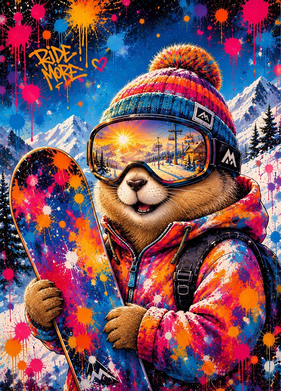 Marmotte snowboardeuse colorée dans un décor alpin enneigé style street art animalier création exclusive Iconik-Art
