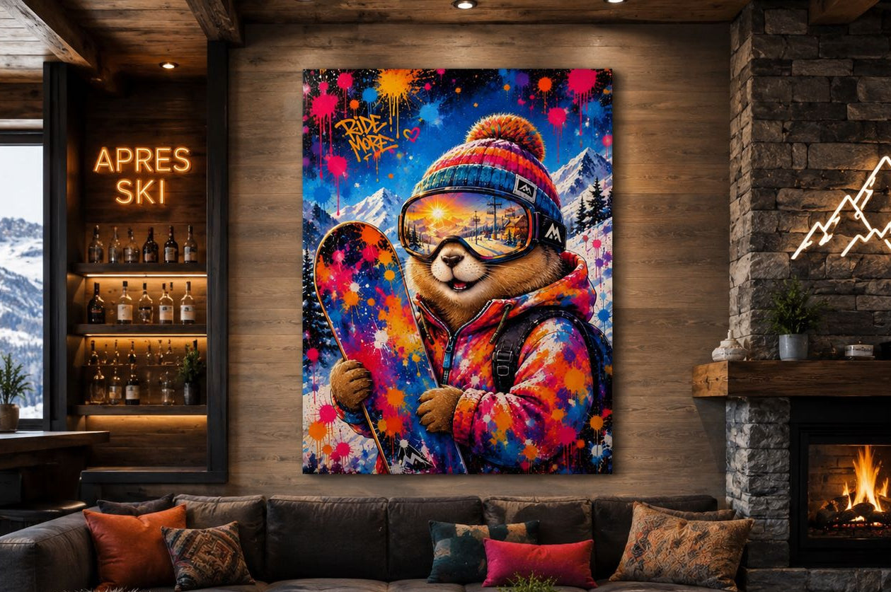 Art mural marmotte snowboard installé dans un chalet contemporain ambiance montagne moderne création exclusive Iconik-Art
