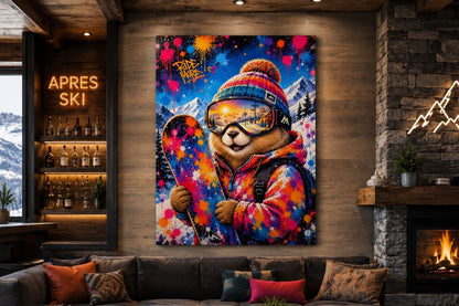 Art mural marmotte snowboard installé dans un chalet contemporain ambiance montagne moderne création exclusive Iconik-Art

