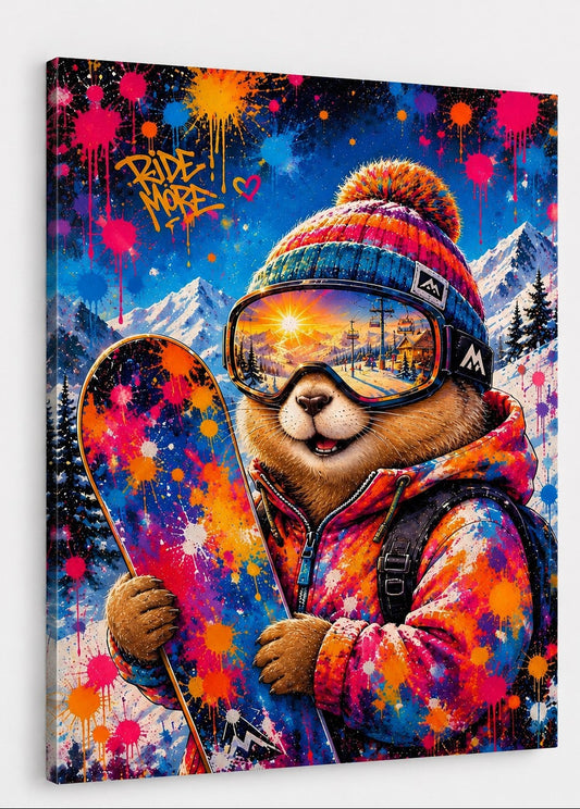 Vue latérale de l'œuvre murale marmotte snowboard avec projections colorées et impression haute définition
