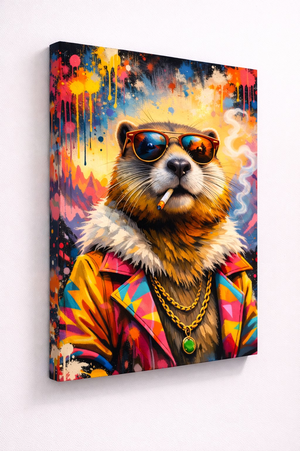 Détails couleurs pop et projections graffiti sur portrait animal
