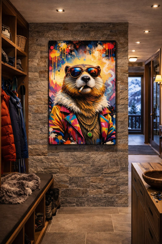 Tableau animal revisité intégré dans un intérieur contemporain moderne
