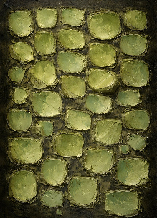 Tableau abstrait vert sauge avec effet matière texturée et relief naturel contemporain
