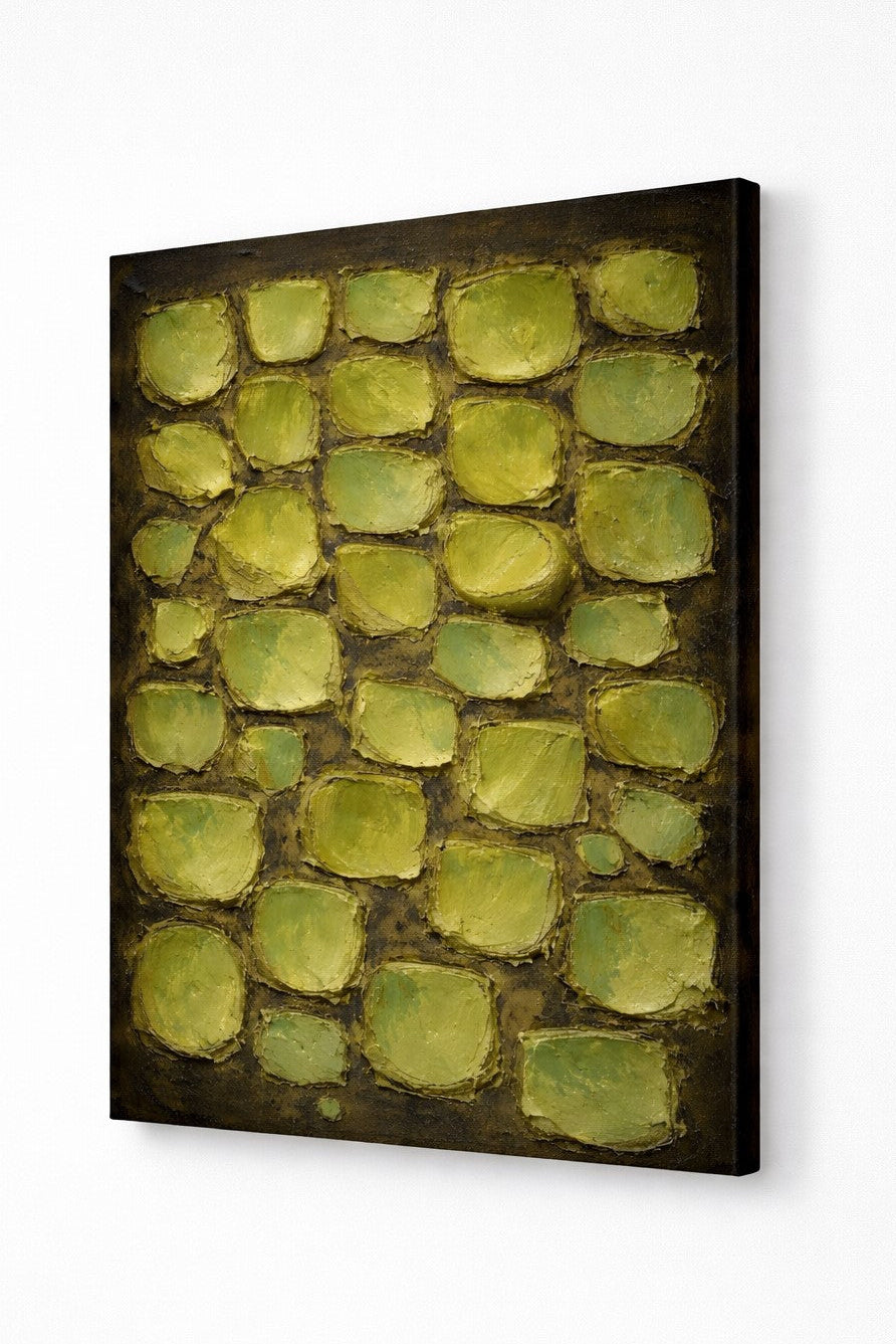 Vue de profil toile tableau matière vert sauge avec texture et impression haute définition
