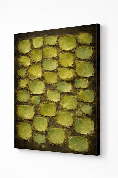 Vue de profil toile tableau matière vert sauge avec texture et impression haute définition
