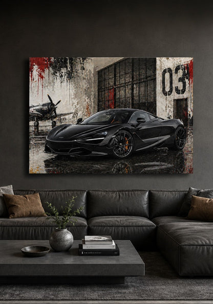 Œuvre automobile McLaren 720S intégrée dans un bureau contemporain passion automobile création exclusive Iconik-Art
