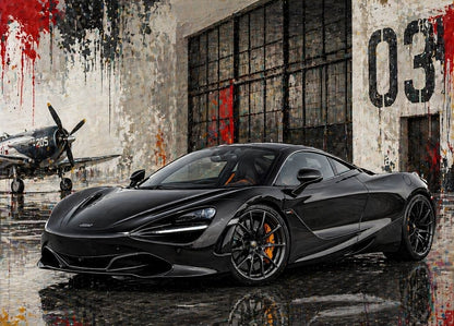 McLaren 720S noire devant hangar industriel artistique avec projections de peinture création exclusive Iconik-Art
