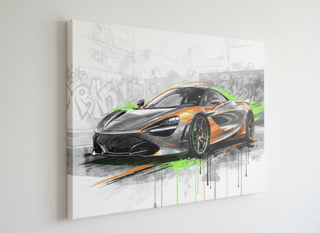 Tableau street art McLaren 720S, détails orange et vert sur fond béton
