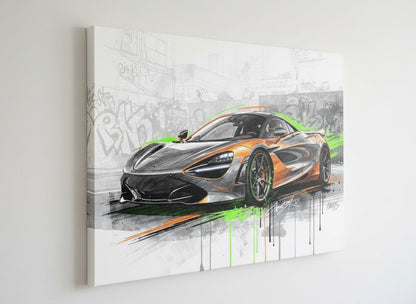 Tableau street art McLaren 720S, détails orange et vert sur fond béton
