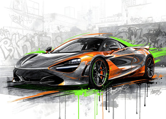 Tableau McLaren 720S street art, supercar iconique en décor urbain
