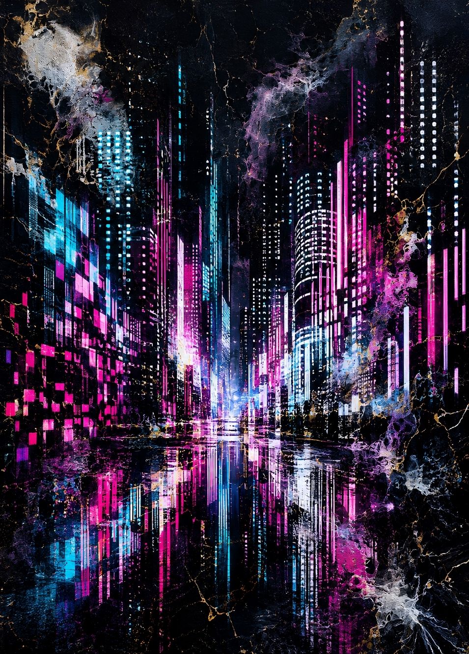 Tableau de métropole futuriste aux néons roses et bleus se reflétant sur une avenue sombre bordée de hauts gratte-ciel
