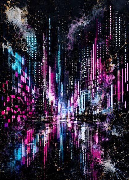 Tableau de métropole futuriste aux néons roses et bleus se reflétant sur une avenue sombre bordée de hauts gratte-ciel
