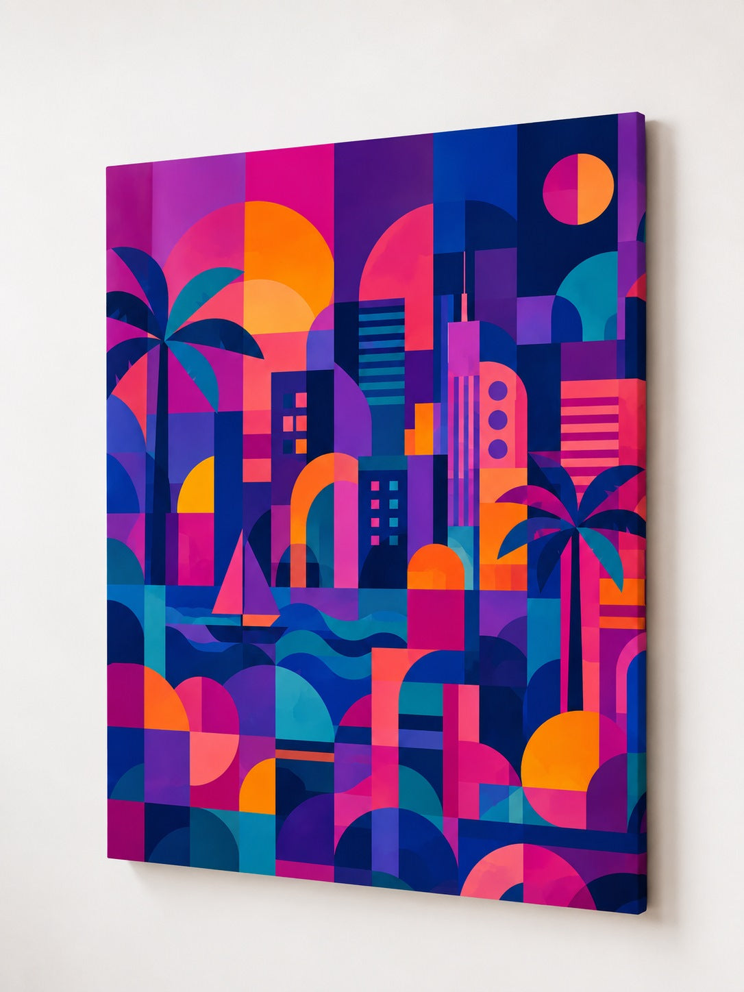 Tableau Miami moderne avec skyline stylisée, palmiers et océan dans une palette rose, orange, turquoise et bleu profond.
