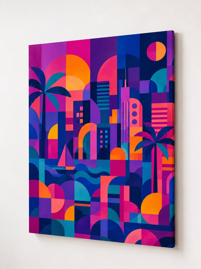 Tableau Miami moderne avec skyline stylisée, palmiers et océan dans une palette rose, orange, turquoise et bleu profond.
