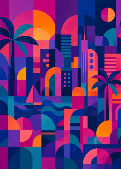 Tableau ville tropicale Miami aux formes géométriques colorées avec skyline, palmiers, voilier et coucher de soleil.
