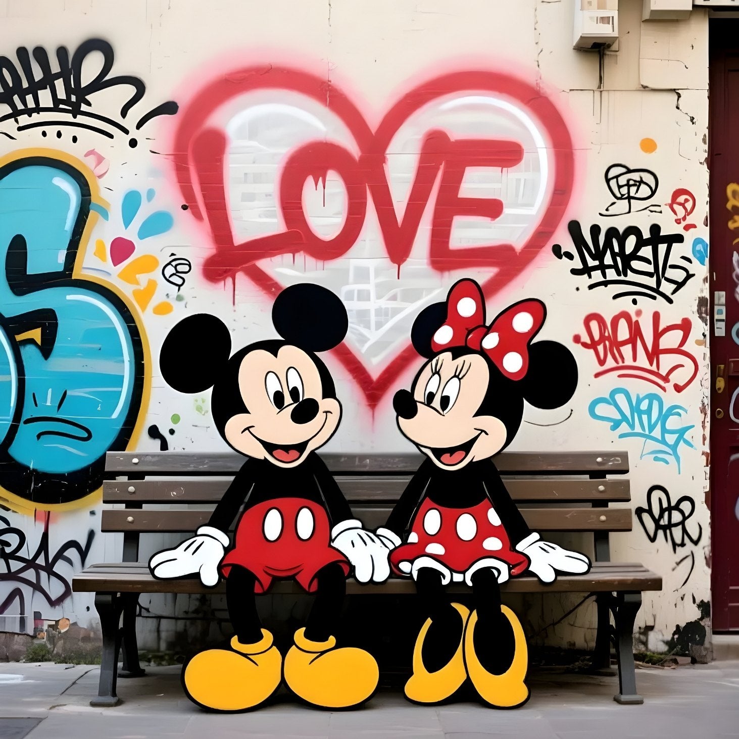 Tableau pop art Mickey et Minnie face, style street art
