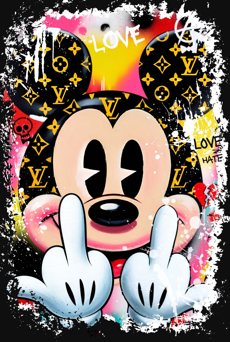 Tableau Mickey Mouse revisité en street art contemporain avec influences pop art et univers graphique urbain
