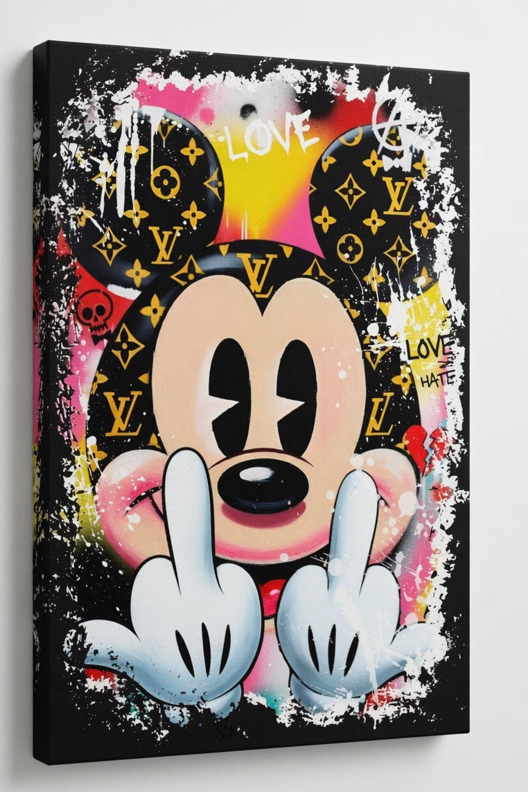 Vue de profil sur toile du tableau Mickey Mouse street art avec détails graphiques et effets de peinture
