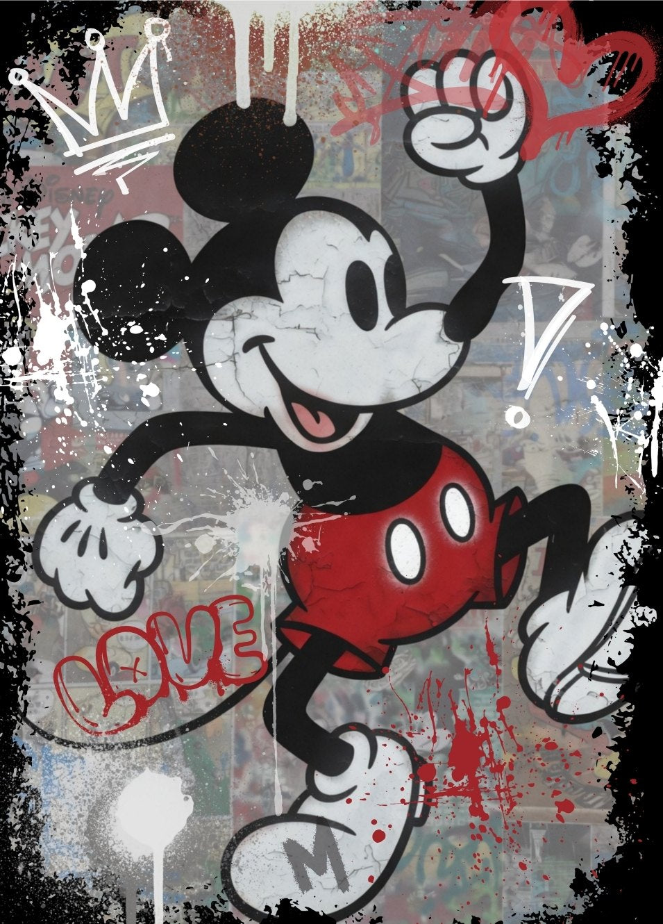 Tableau Mickey Mouse revisité en street art avec tags graffiti, projections de peinture et ambiance urbaine contemporaine
