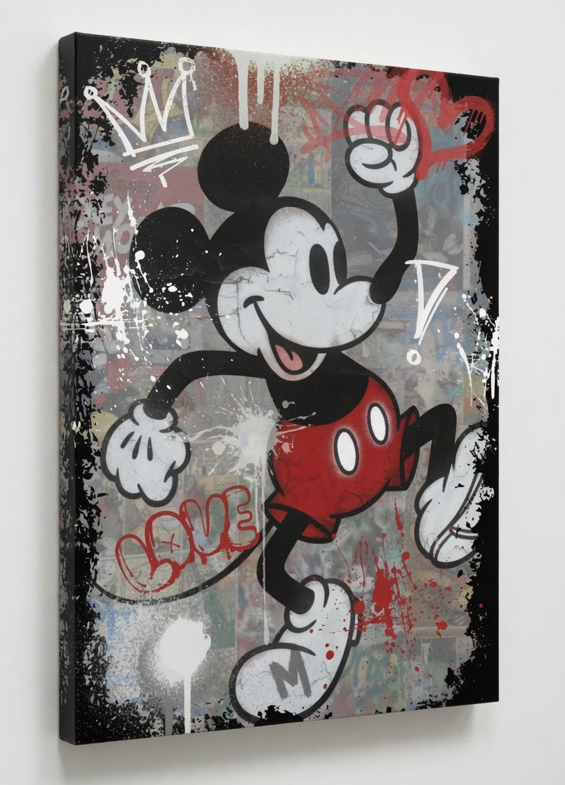 Vue de profil sur toile du tableau Mickey Mouse street art révélant les textures et détails graphiques
