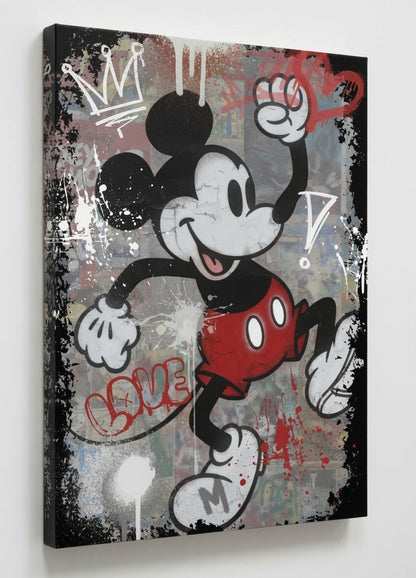 Vue de profil sur toile du tableau Mickey Mouse street art révélant les textures et détails graphiques
