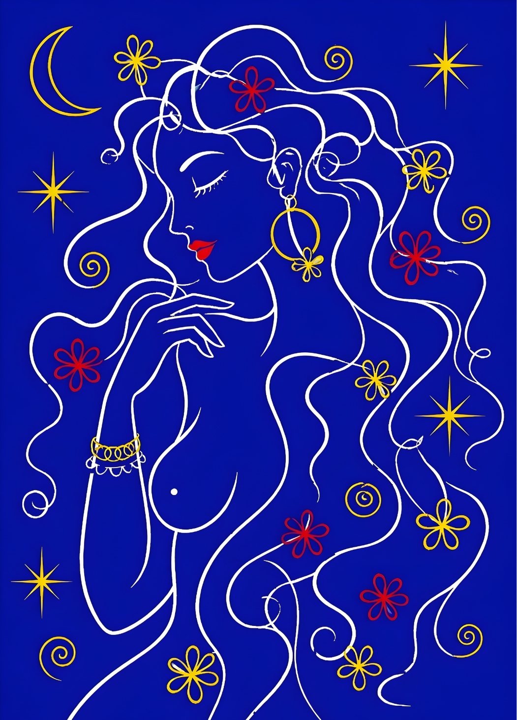 Tableau femme minimaliste lignes blanches fond bleu profond étoiles fleurs design graphique moderne
