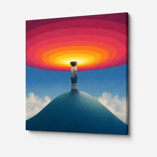 Tableau contemporain enfant silhouette lumière abstraite formes circulaires couleurs chaudes décoration murale
