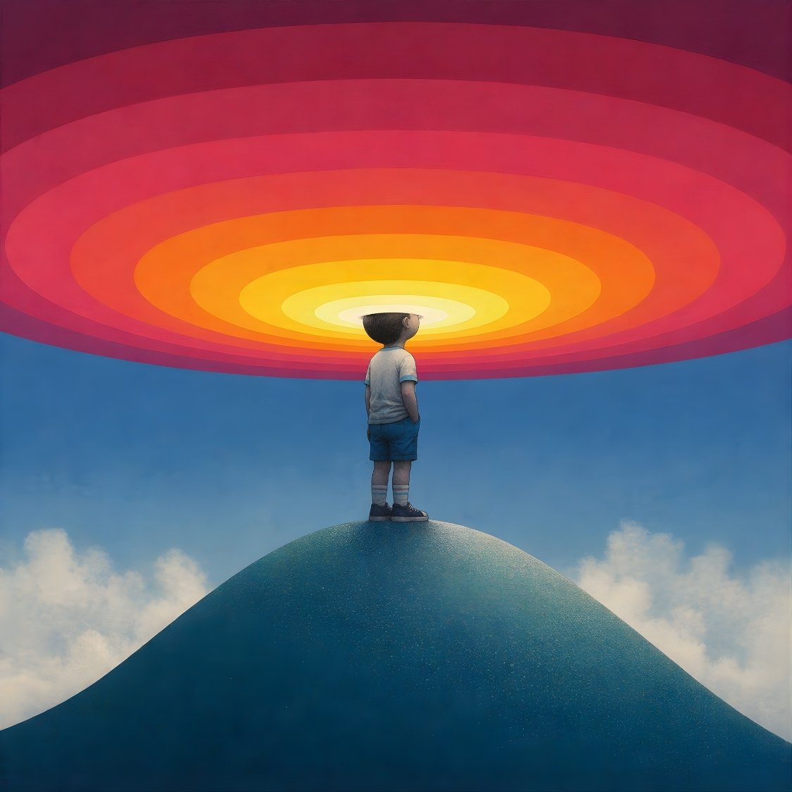 Tableau enfant colline horizon cercles concentriques dégradé rouge orange jaune ciel artistique moderne

